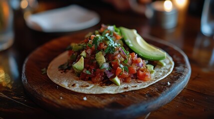 Taco filled with fresh salsa and avocado served on a wooden platter in a dimly lit setting