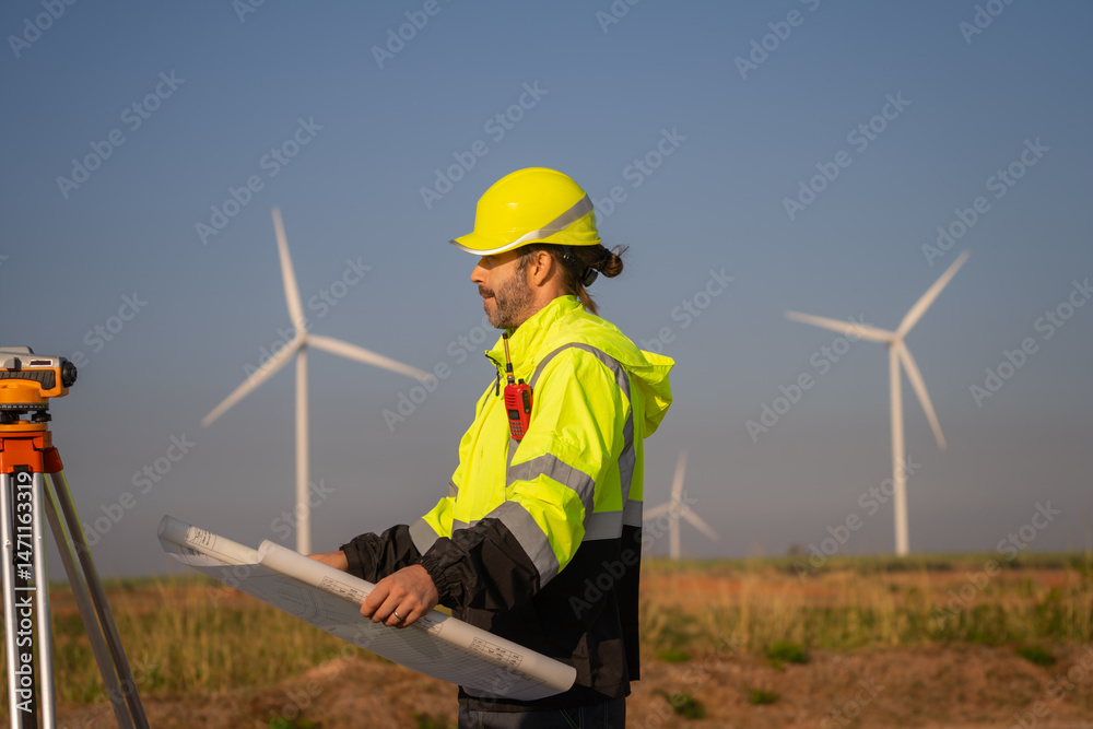 Aufkleber Engineer man working with tablet at windmill farm Generating electricity clean energy. Wind turbine farm generator by alternative green energy.