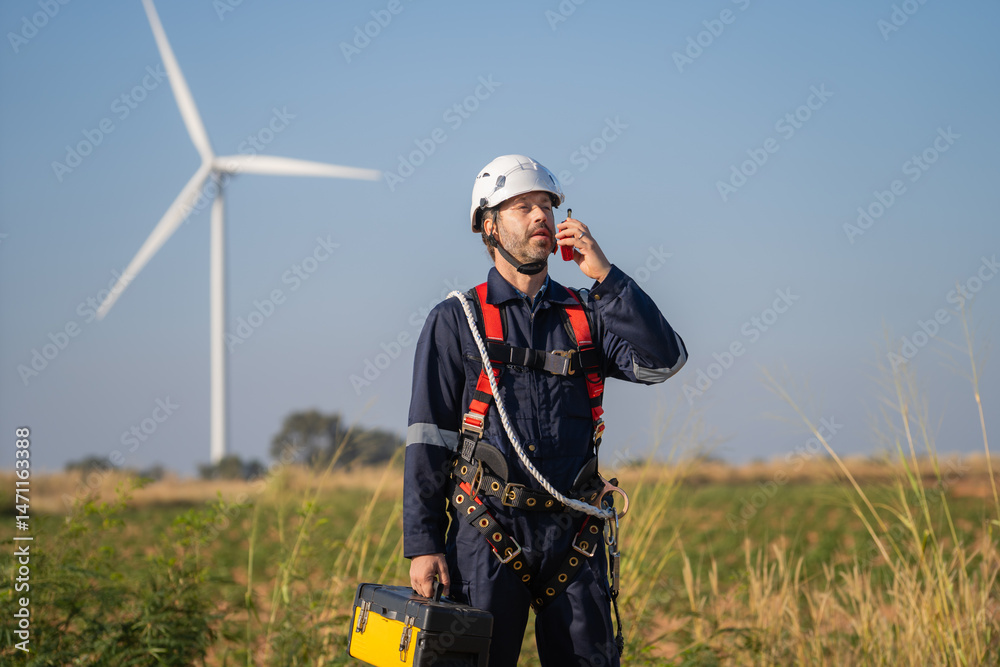 Poster engineer man working with tablet at windmill farm generating electricity clean energy. wind turbine 