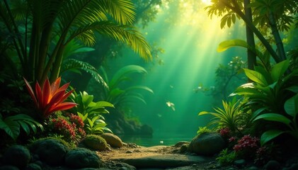 Lush, vibrant tropical plants thriving in a sun-drenched environment , vacation, foliage