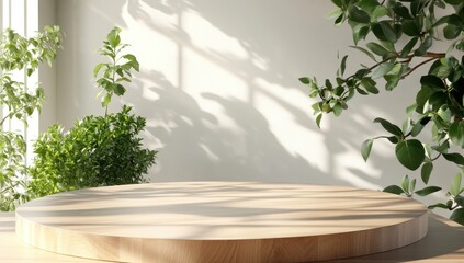 Empty, round wooden display podium, bathed in natural light, with plant details