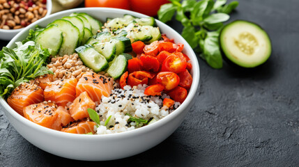 Vibrant poke bowl filled with fresh salmon, cucumbers, cherry tomatoes, and rice, garnished with