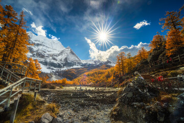 Majestic snow mountain with sunburst, autumn forest, clear blue sky, rocky stream, wooden walkway, and vibrant landscape create breathtaking, serene outdoor scene