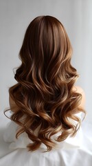 Obraz premium Wavy hairstyle with blonde highlights and caramel balayage fashion hairpiece natural curls soft waves voluminous wig