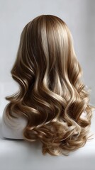 Fototapeta premium Wavy hairstyle women's wig with blonde highlights and caramel balayage flowing hair in soft waves fashion hairpiece