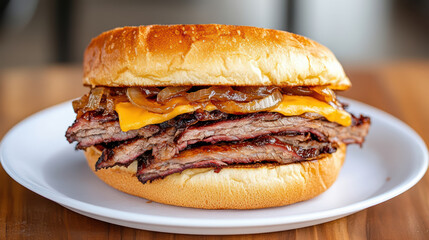 Hearty brisket sandwich with layers of smoked meat, melted cheese, and caramelized onions