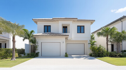 Modern luxury home with palm trees and clear blue sky, showcasing elegant architecture