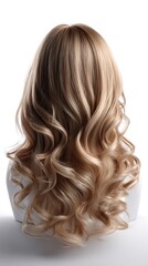 Fototapeta premium Wavy hairstyle women's wig with blonde highlights and caramel balayage natural curls soft waves voluminous fashion hairpiece