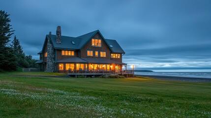 Fototapeta premium Large, wood-sided home lit at twilight overlooking a lake.