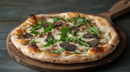 Luxurious truffle pizza topped with shaved black truffles and fresh arugula