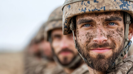 Fototapeta premium Military training program featuring soldiers camouflage uniforms, showcasing determination