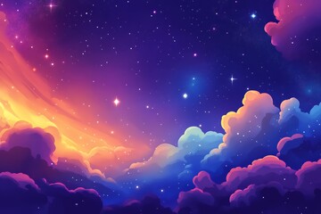 Colorful night sky illustration with clouds and stars. Dreamy, vibrant background with shades of purple, blue, and orange. Celestial themed backdrop for fantasy or fairytale concepts.