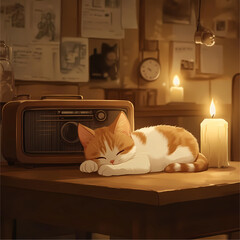 A little cat is sleeping on the table next to the radio.