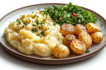Rustic mashed potatoes and soft cheese cubes high resolution image