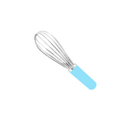 Stainless steel whisk with a blue handle on a white background