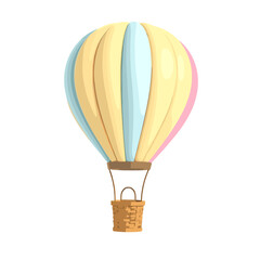 Fototapeta premium Colorful hot air balloon with a woven basket on a white background