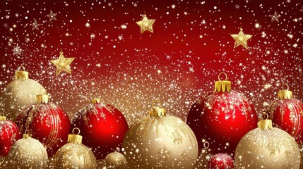 Festive Christmas background with red and gold ornaments, stars, and glitter. Decorative holiday season design for cards, banners, and festive promotions.