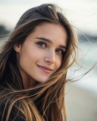 Young Woman with Long Hair Looking at Camera in Natural Light