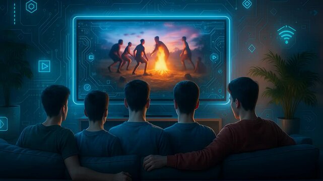Group of Friends Watching Campfire Scene on Smart TV Together Representing Digital Bonding, Entertainment and Friendship


