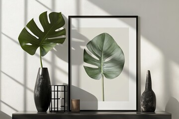 Large monstera leaf in tall vase with sculptural items and modern art print