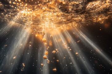 Naklejka premium An artistic underwater photo of sunlight beams penetrating through the ocean surface