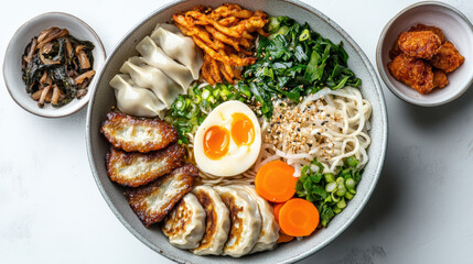 Delicious bowl of noodles with gyoza, vegetables, and soft boiled egg, perfect for sharing