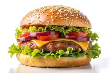 Fresh tasty burger on white background.