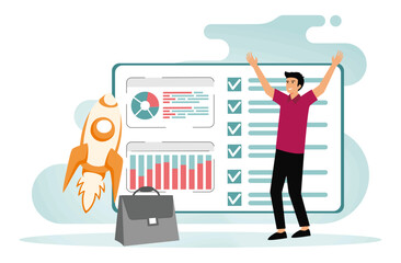 Project closure concept. Man Celebrating Achievements with Business Graphs and Rocket.