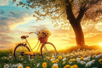 Vintage bicycle in a spring meadow at sunset