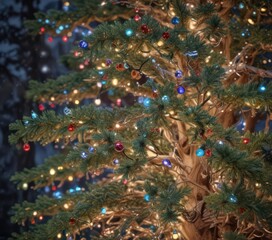Tangled strands of vibrant Christmas lights adorn a frosty pine tree ,  nature,  tree