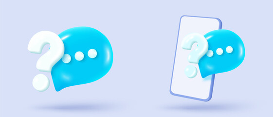 3d speech bubbles question mark icon sign or ask FAQ and QA answer solution information. Have a question, question answer sign or problem. 3d answer speech bubbles icon vector rendering illustration