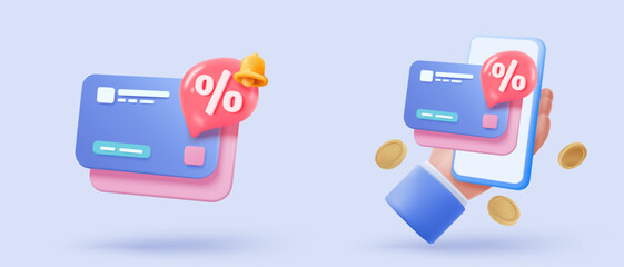 3D credit card money financial with tag price icon on speech bubbles for online shopping, special offer promotion, online payment protection. 3d credit card vector icon render illustrator