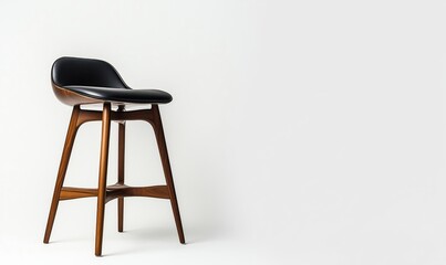 Modern wooden bar stool with black leather seat and minimalist design