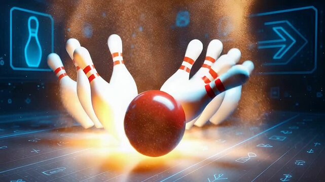 Bowling Ball Hitting Pins with Glowing Impact in Futuristic Style Representing Game Strike, Motion, and Sports Challenge

