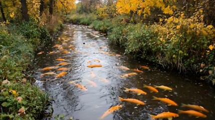  A river contaminated by industrial waste, with dead fish and polluted water
