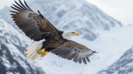 Obraz premium Majestic eagle soaring above snowy peaks. Powerful wings outstretched against a backdrop of winter mountains