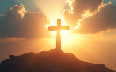 ascension of jesus in the morning with white shining cross symbol. High quality