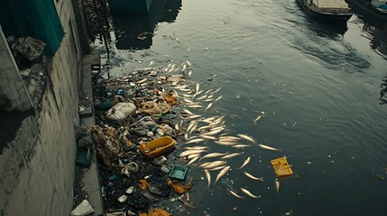  A river contaminated by industrial waste, with dead fish and polluted water