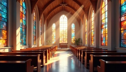 Fototapeta premium Modern church sanctuary, sunlight streaming through stained glass windows , contemporary, windows