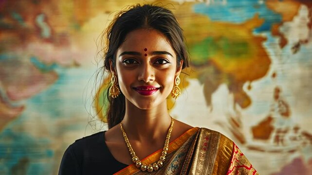 A beautiful Indian woman in a traditional saree poses in front of a colorful map.
