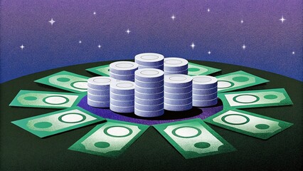 Stack of Paper Money with Coin Piles in Modern Financial Illustration