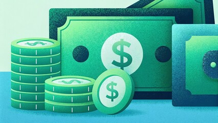 Stack of Paper Money with Coin Piles in Modern Financial Illustration