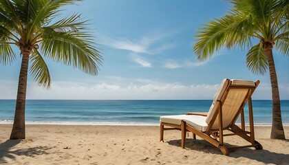  Tranquil Beach Scene with Palm Trees and Lounge Chair on White Sand, holiday, JPG