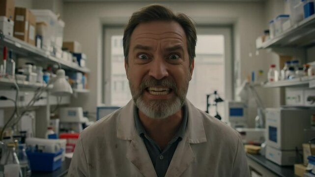 Intense Male Scientist in Laboratory: Mid-40s Caucasian Man Expressing Frustration in a Chaotic Research Environment