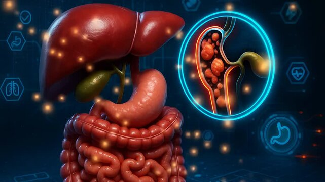 Human Digestive Organs with Highlighted Bile Duct and Gallstones Representing Liver Function, Digestion and Medical Anatomy

