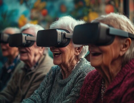 Three elderly women are sitting in chairs wearing virtual reality headsets