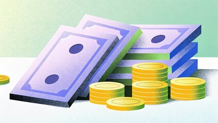 Stack of Paper Money with Coin Piles in Modern Financial Illustration