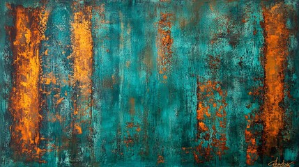 Grunge texture background in deep teal highlighted by rusty orange featuring oxidized textured patterns