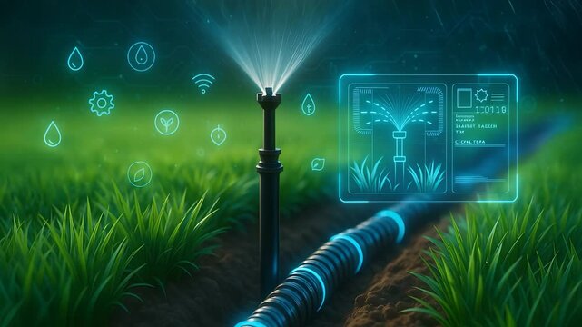 Smart Irrigation Sprinkler with Digital Control Interface in Green Field Representing Automated Watering and Agriculture System

