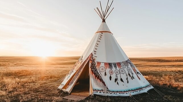 A  colorful teepee stands in a golden field at sunrise.